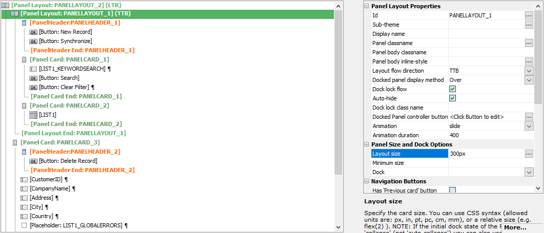 Setting the Layout size for the Search Part and List Panel
Layout to 300px.